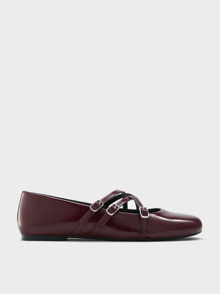 Patent Triple-Strap Mary Jane Flats - Black Patent
