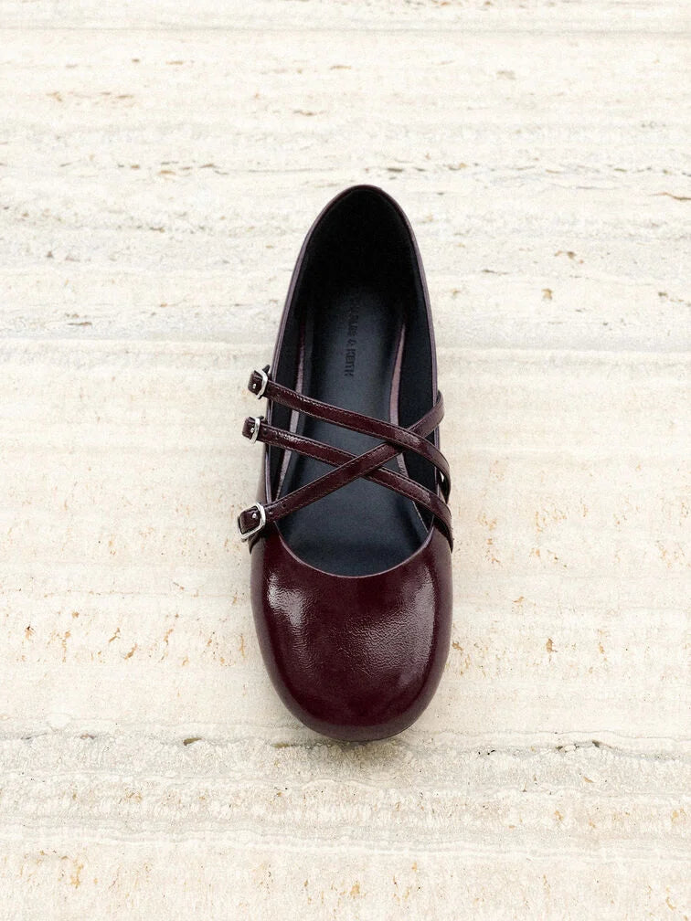 Patent Triple-Strap Mary Jane Flats - Black Patent