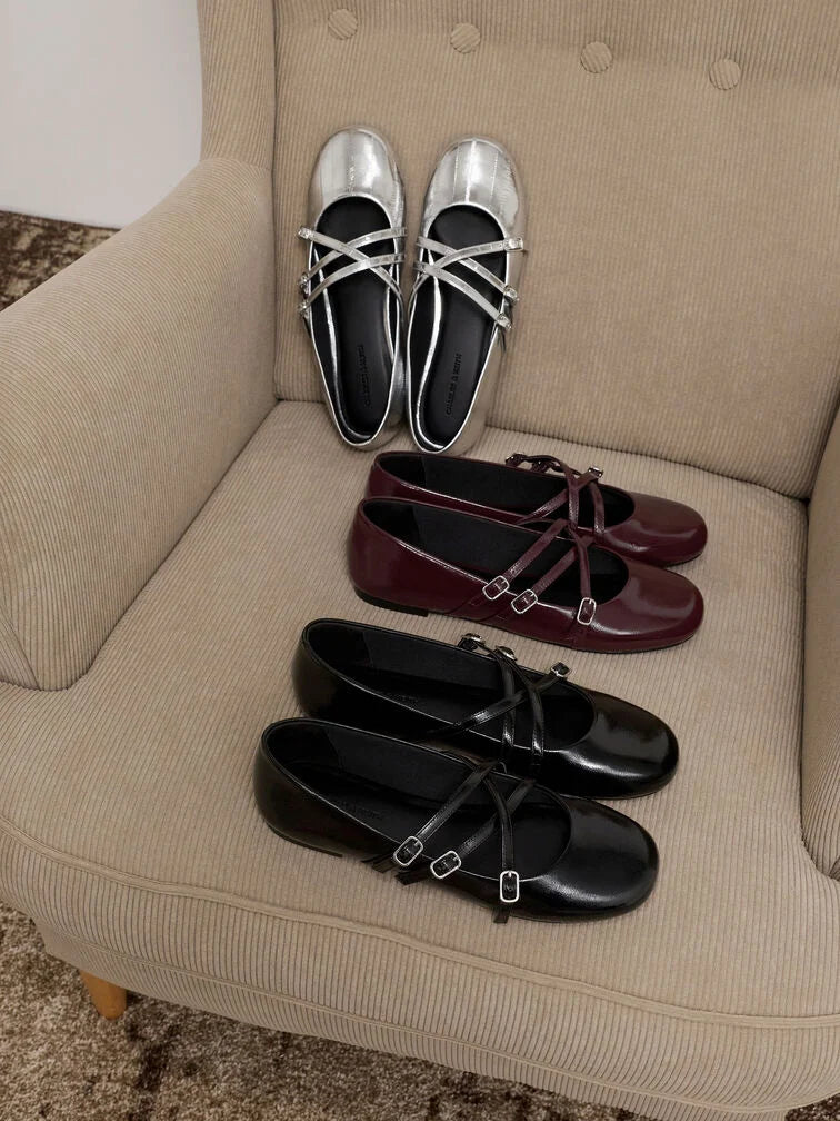 Patent Triple-Strap Mary Jane Flats - Black Patent