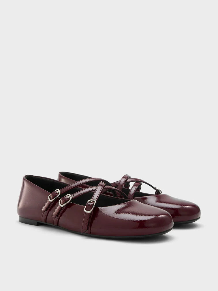 Patent Triple-Strap Mary Jane Flats - Black Patent