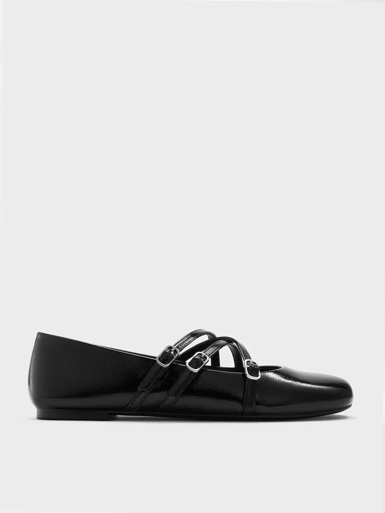 Patent Triple-Strap Mary Jane Flats - Black Patent