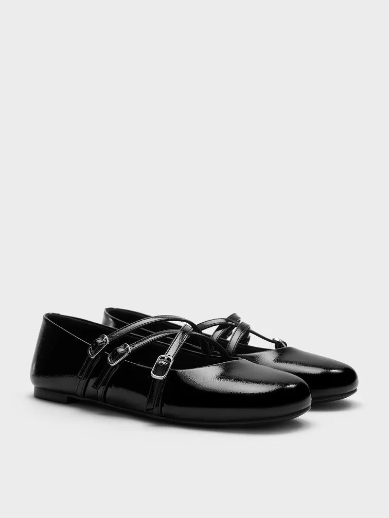 Patent Triple-Strap Mary Jane Flats - Black Patent