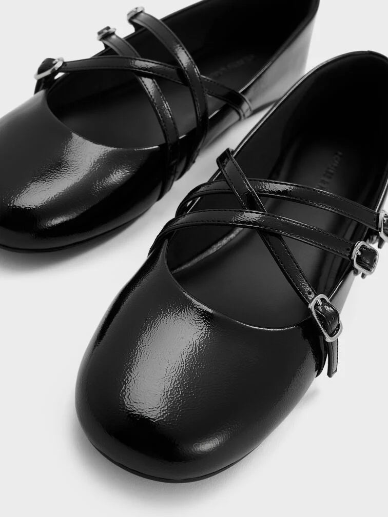 Patent Triple-Strap Mary Jane Flats - Black Patent