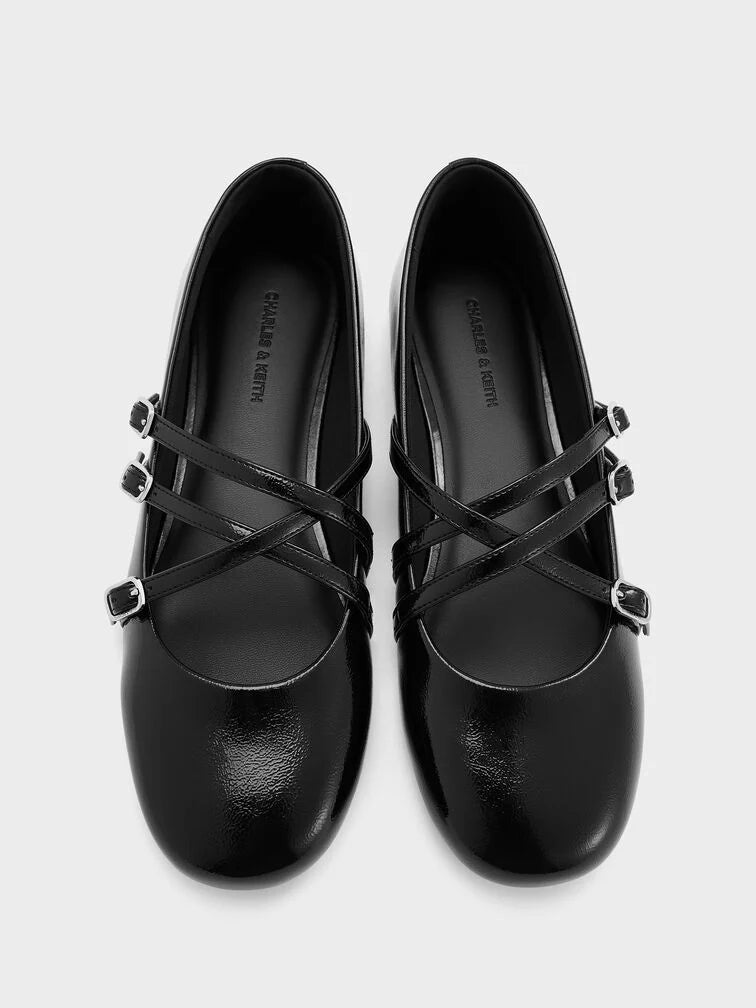 Patent Triple-Strap Mary Jane Flats - Black Patent